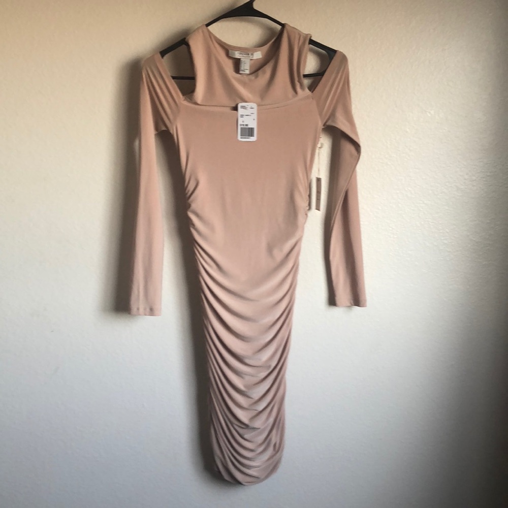 Nude off the shoulder tapered dress.